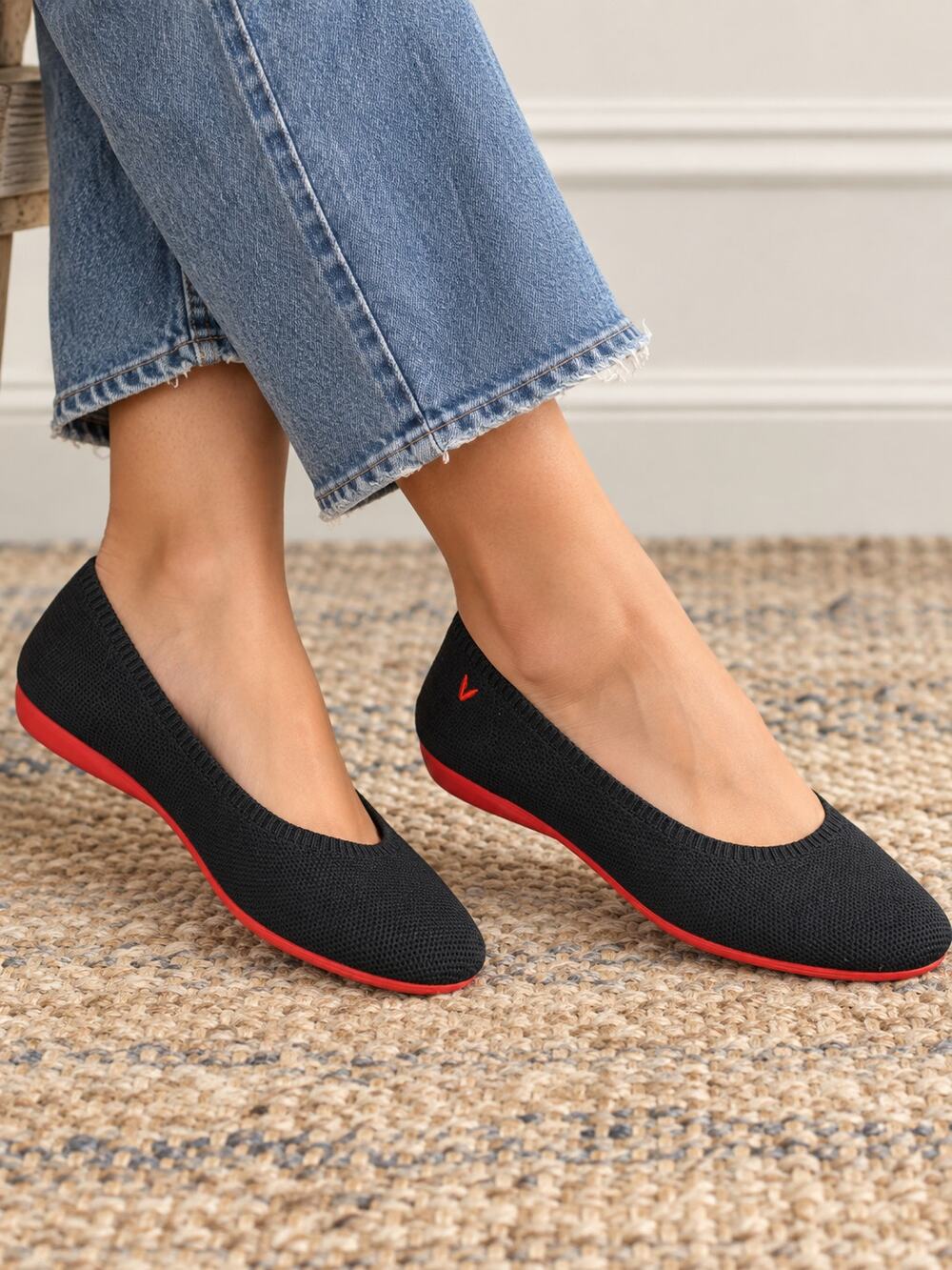 VIVAIA SZ 39.5 Tamia 2.0 Almond-Toe Ballet Flats In Black Red Sole